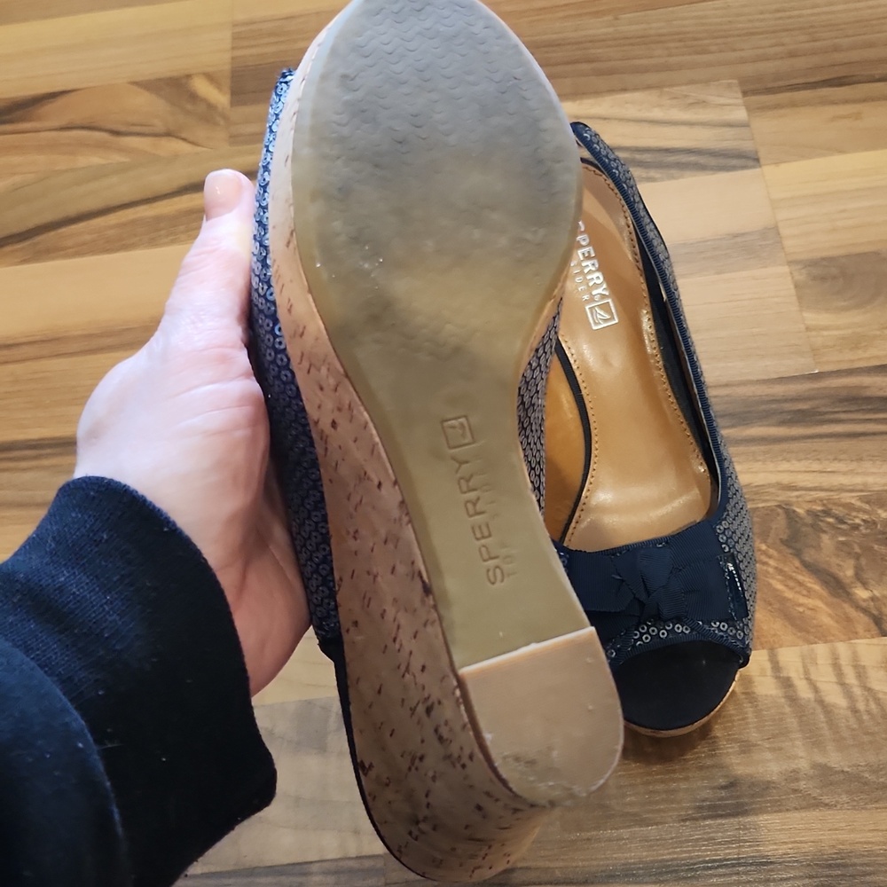 Sperry Navy Sequin Slingback Cork Wedges with Bow - Picture 5 of 12